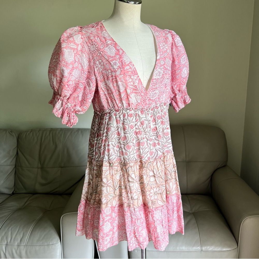 NEW SAYLOR Mini Dress Sz L Leigha Puff Sleeve Floral Boho Pink Baby Doll Garden - Picture 2 of 15